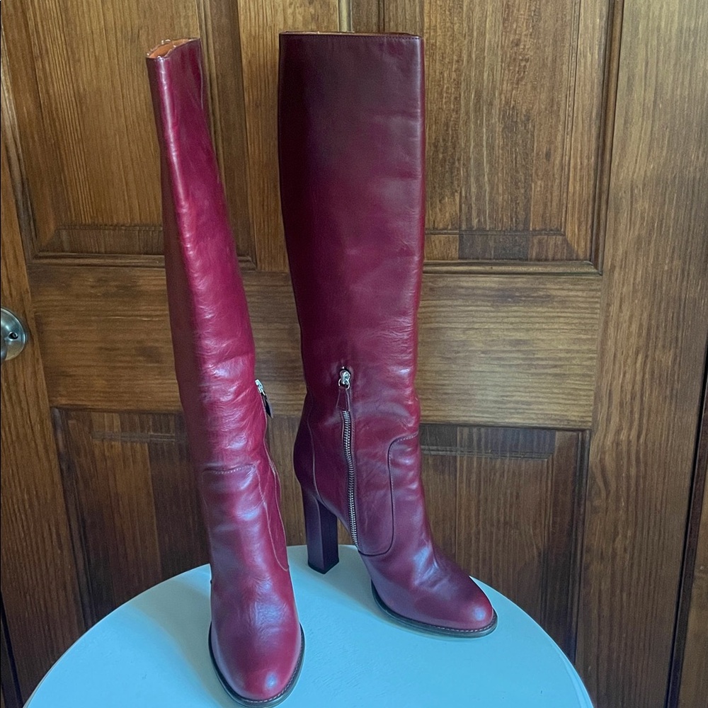 LANVIN Paris Burgundy Wine Leather Knee High Heel Boots 40 10 Worn Once RARE! - Picture 7 of 15